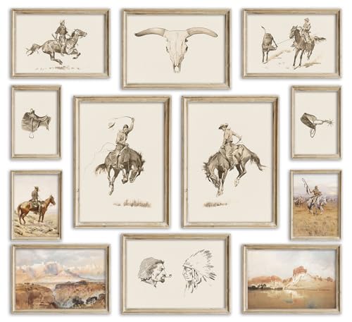 Kizbok Western Deor Vintage Farmhouse Cowboy Western Wall Decor, Retro Southwestern Wall Art Prints Country Cowboy Oil Paintings, Rustic Horse Riders Ranch Southwest Artwork Picture for Gallery Bedroom Bathroom western Home Decor (Set of 12, Unframed) - c