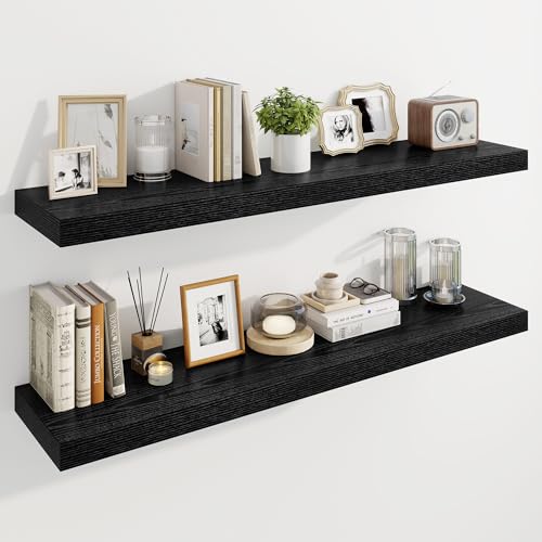 Marsmiles 48" Floating Shelves for Wall, Wooden Shelves with Invisible Brackets Set of 2, Rustic Farmhouse Wall Mounted Shelf for Kitchen Bathroom Living Room Study, Black - color: Black, size: 48"