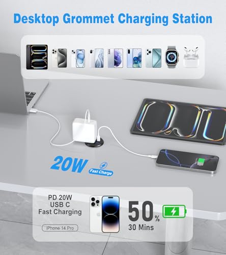 2 Pack Desk Power Grommet Outlet, 2 inch Recessed Power Outlet with 20W USB-C Fast Charging, for Conference Rooms, Office Tables, Furniture, 6FT Cord(ETL Listed) - color: Black