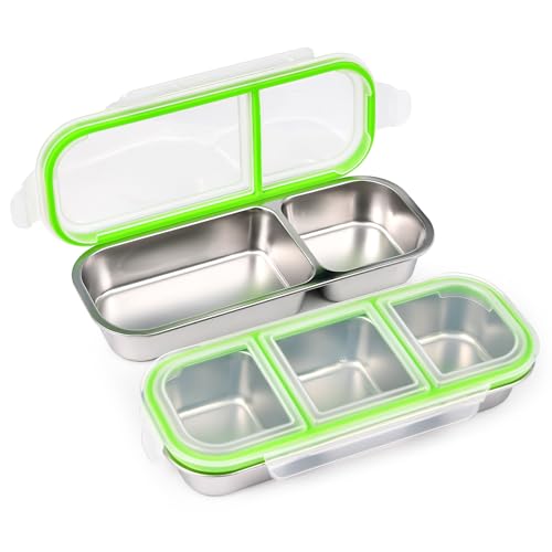 UPTRUST Reusable Stainless Steel Snack Containers with Lids – 2-Compartment and 3-Compartment Leak-Proof Designs for Take-Out Condiments and On-the-Go Snacks - size: 1-Piece 2-Compartment + 1-Piece 3-Compartment