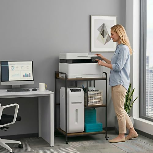HAAYOT Printer Stand with Storage: 40-inch Tall 3-Tier Printer Table & Cart with Wheels, Left/Right Adjustable Shelf for Home Office, PC Tower & Paper Shredder, Rustic Brown