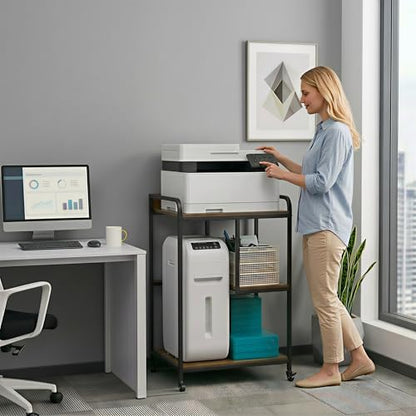HAAYOT Printer Stand with Storage: 40-inch Tall 3-Tier Printer Table & Cart with Wheels, Left/Right Adjustable Shelf for Home Office, PC Tower & Paper Shredder, Rustic Brown