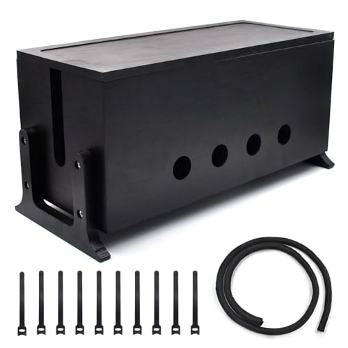 Large Cable Management Box, Wood Cord Hider Box & Organizer for Power Strip Hider Cable Storage for Office, TV Wires, Desk Cord Organizer, 14.2" x 6" x 6.3", Black, Wood - color: Rustic Black