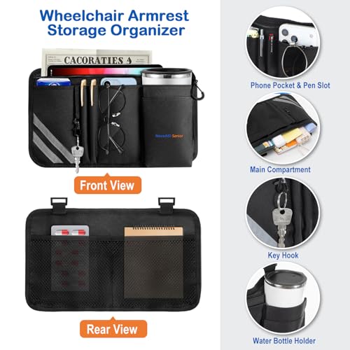 Wheelchair Side Bag with Cup Holder, Universal Armrest Organizer with Reflective Strips & Mesh Pockets, Water-Resistant Storage for Wheelchairs, Walkers, Rollators & Strollers (Black)