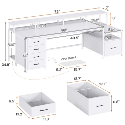 SEDETA White Computer Desk with 5 Drawer & Power Outlet, 75'' Home Office Desk with File Drawer, Storage Shelves, Printer Cabinet and Monitor Shelf, Gaming Desk with Led Lights, 23.6" W Desktop - color: White, size: 75X23.6inch