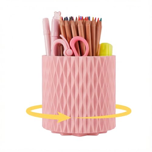Pink Pen Holder for Desk, 360° Rotating Pencil Organizer, 5 Slots | Spinning multi-use organizer holds pens, makeup brushes, art supplies & markers — desk caddy for office, classroom or vanity - color: Pink - 5 Slots