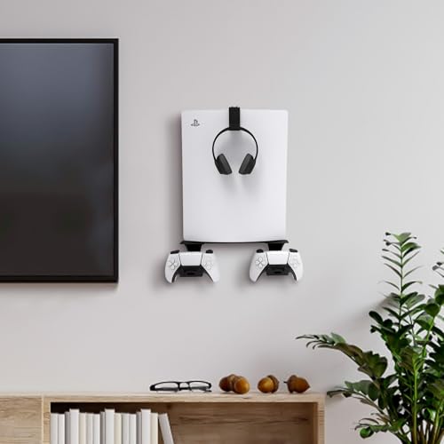 ZHSX Wall Mount for Ps5 Models,Ps5 Shelf Playstation Wall Mount Compatible with Ps5、Ps5 Pro and Ps5 Slim Disc Adjustable Length and Width Holds Two Controllers