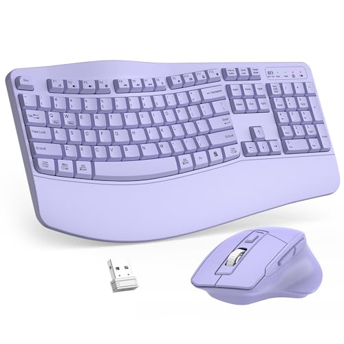 Wireless Keyboard and Mouse Combo, 2.4G Full Size Wave Keys Ergonomic Keyboard with Wrist Rest and 3-Level DPI Adjustable Wireless Ergonomic Mouse for Windows, Mac OS Desktop/Laptop/PC(Purple) - color: purple