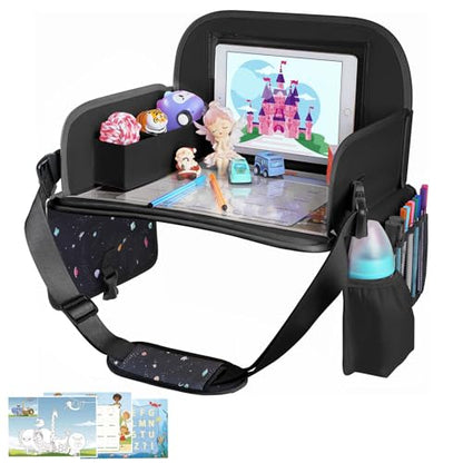 MENZOKЕ Kids Travel Tray, Road Trip Activities for Kids Toddlers | Toddler Car Activities with No-Drop iPad Holder Stand, Roadtrip Essentials with Dry Erase Board & Cooler Cup Holder, Black - color: Black Astronaut