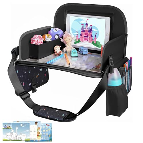 MENZOKЕ Kids Travel Tray, Road Trip Activities for Kids Toddlers | Toddler Car Activities with No-Drop iPad Holder Stand, Roadtrip Essentials with Dry Erase Board & Cooler Cup Holder, Black - color: Black Astronaut