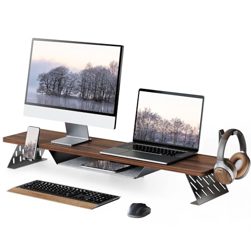 Fenge Dual Monitor Stand, 42.5 Inch Monitor Riser for Desk, Wood Desk Shelf for 2 Monitors, 2 Tier Monitor Shelf with Headphone Stand & Phone Holder - color: Brown