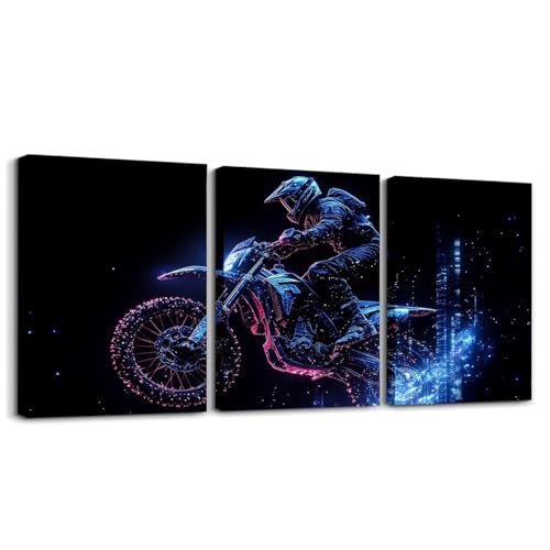 Feelyou Kids Blue Dirt Bike Canvas Wall Art for Living Room Bedroom Racing Motocross Wall Painting Posters Motorcycle Picture Wall Decor Boys Girls Extreme Sports Bathroom Wall Art 12"x16"x 3Pcs - color: Multi K20