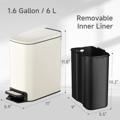 TIPGO Slim Bathroom Trash Can with Lid Soft Close, 6 Liter / 1.6 Gallon Stainless Steel Garbage with Removable Inner Bucket, Small Trash Bins for Bedroom, Office (Cream) - color: Cream
