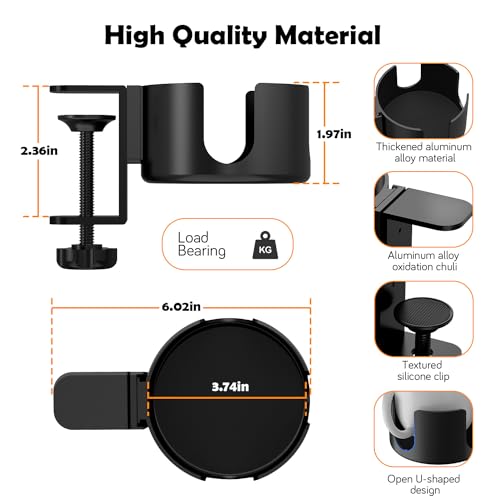 Large Desk Cup Holder Clamp, Anti-Spill Cup Holder for Desk, 3.7" Holder, Easy to Install Clamp on Cup Holder, Desk Cup Holder Compatible with Universal Cup & Pen Holder (1, Black)