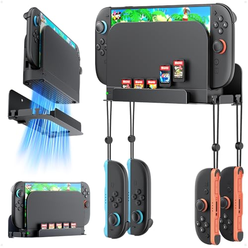 [Switch 2/1/OLED Compatible] Auarte Metal Wall Mount for Nintendo Switch 2 Console 2025, Switch 2 Accessories Organizer Shelf Base Kit Behind TV with 5 Card Slots and 4 Joypad Hanger, Carbon Black - size: Original