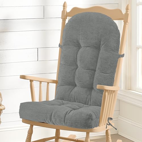 Rocking Chair Cushion - Chenille Fabric, High-Density Sponge, Durable Comfort Double-Sided Tufted Seat Pads with Ties, Chenille︱Light Grey, 44x19x4 inch - color: Reversible | Light Grey