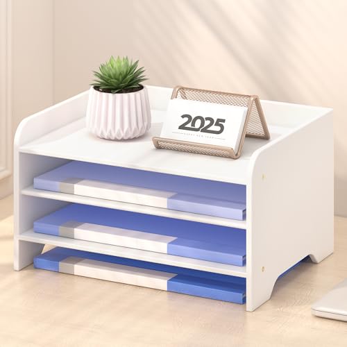 Bamboo Desk Organizer Mail Holder Countertop Letter Tray File Organizer for Desk Letter Sorter Paper File Storage for School Home Office Supplies - color: White, size: Small
