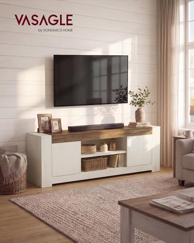 VASAGLE TV Stand, Farmhouse Entertainment Center with Storage Cabinets, Media Console Table for Living Room, Bedroom, for 80 Inch TV, 70 x 15.7 x 23.6 Inches, Rustic White and Honey Brown ULTV624W201S - color: Rustic White + Honey Brown, size: 70"L