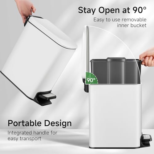 TIPGO Slim Bathroom Trash Can with Lid Soft Close, Step Pedal, 6 Liter / 1.6 Gallon Stainless Steel Garbage Can with Removable Inner Bucket, Anti-Fingerprint Finish (White) - color: White