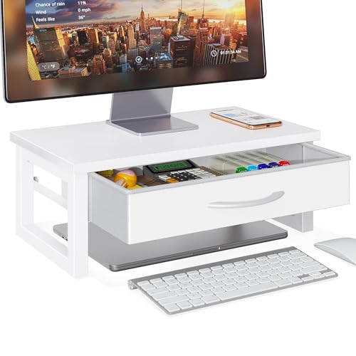 Desk Organizers and Accessories, Computer Monitor Stand Riser with Drawer, White Laptop Stand for Desk with Storage, Office Organization, Wood