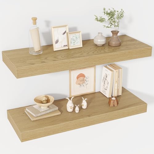 Acovy 30 Inch Floating Shelves, 12" Deep Floating Shelf Wall Mounted, 30" Wall Shelves, Rustic Deep Bookshelf, Extra Deeper & Thicker Display Shelves for Bedroom, Living Room, Oak, Set of 2 - color: Oak, size: 12"Wx30"L-2pcs