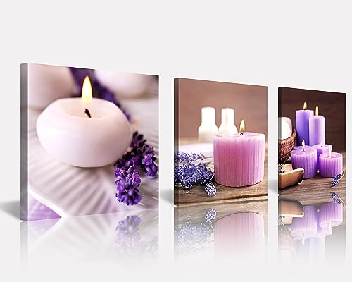 NAN Wind Canvas Art Print, Modern Art, 3pcs Set, 14X14 inches, Purple Floral, Wall Mount, Bathroom Decor - color: lavender candles, size: 14X14inchX3pcs