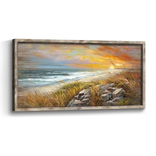 Beach Framed Wooden Wall Art: Sunset Ocean Wave Painting Print Relaxing Coastal Theme Picture Sea Grass Rocky Seascape Artwork Decor for Living Room Bedroom Office - color: Beach 04, size: 56"L x 27"W