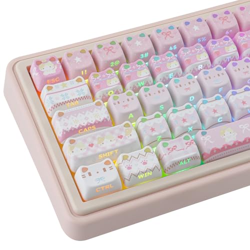 PBT Keycaps - Pink Meow Meow Keycap, 113 Keys Side Print Shine Through Cute Keycap, Mao Profile Custom Cat Keycaps for 60 65 75 100 Percent Cherry MX Mechanical Keyboard - color: Pink Meow
