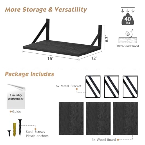 Forbena 12 Inch Deep Floating Shelves for Wall, Wide Black Wall Mounted Shelves for Bedroom Office Books Plants, Large Hanging Shelf for Living Room Bathroom Kitchen Closet Pantry Storage (3-Pack) - color: Black, size: 16 x 12 Inch