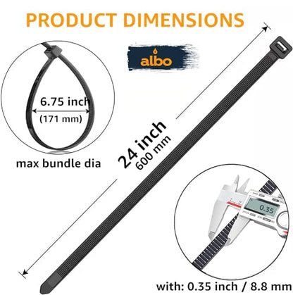 ALBO Zip Ties Black 24 Inch 50 Pack 200 lb, Long Plastic Cable Ties Thick 0,35 Inch Tie Wraps Heavy Duty UV Resistant Nylon Wire Ties for Indoor and Outdoor - size: 24" Black 50 Pack