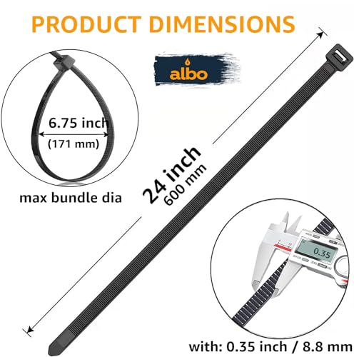 ALBO Zip Ties Black 24 Inch 50 Pack 200 lb, Long Plastic Cable Ties Thick 0,35 Inch Tie Wraps Heavy Duty UV Resistant Nylon Wire Ties for Indoor and Outdoor - size: 24" Black 50 Pack