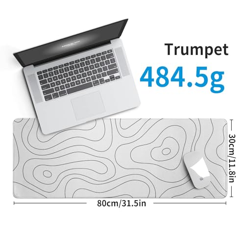 White Large Gaming Mouse Pad Desk Pad Topographic Map Big Keyboard Mat 31.5x11.8inch Computer Mousepad with Stitched Edge Non-Slip Rubber Base - color: White Topographic Map