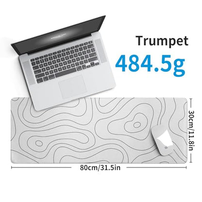 White Large Gaming Mouse Pad Desk Pad Topographic Map Big Keyboard Mat 31.5x11.8inch Computer Mousepad with Stitched Edge Non-Slip Rubber Base - color: White Topographic Map