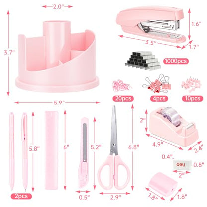 deli Office Supplies Set, Pink Desk Accessory Organizer Kit, Stapler Set, Rotating Multi-Functional Pen Holder, Tape Dispenser, Pens, Binder Clips, Sharpener, Scissor, Eraser, Pink Office Supplies - color: Pink