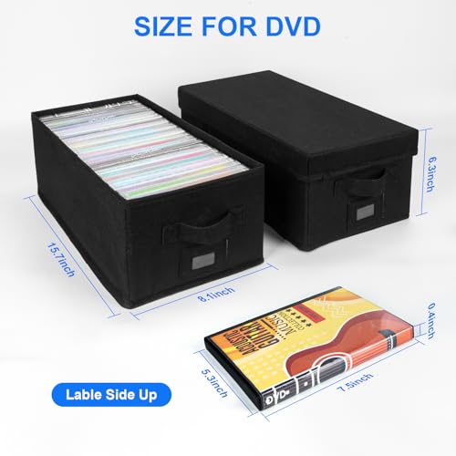 DVD Storage Box with Handles and Lid – DVD Case Holder Organizer with External Label Slots, Stackable DVD Storage Case for Dust-Free and Space-Saving Media Storage，4Pack-Black - size: DVD-4PACK