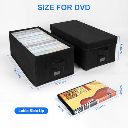 DVD Storage Box with Handles and Lid – DVD Case Holder Organizer with External Label Slots, Stackable DVD Storage Case for Dust-Free and Space-Saving Media Storage，4Pack-Black - size: DVD-4PACK