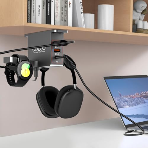 cozoo Metal Grey Under Desk Headphone Stand with 3 USB Charging Ports (PD & QC3.0), Dual Headset Hanger & Watch Hook,Gaming Accessories for Desk, Gifts for Men, Gamers, Teen Boys & Boyfriend - color: Space Gray (PD & QC3.0)