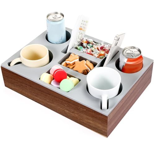 Yerliker Couch Cup Holder Tray, Silicone Lining Couch Caddy Waterproof Anti-spill Sofa Cup Holder for Bed Car Seat Organizer, Hold Mugs, Drinks, Snacks, Phones, Remotes(Rectangle,Grey,Acacia) - color: Grey, size: Acacia