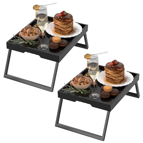 2 Pack Bed Tray Table with Foldable Legs, Bamboo Breakfast Tray for Sofa, Beds, Eating, Working, TV Table, Food, Dinner, Computer Trays, Laptop Desk Snack Folding Trays in Bed, Black - color: Black, size: Medium - 2pc