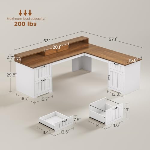 SEDETA Farmhouse L Shaped Desk with Drawers, 63" Office Desk with File Drawers, Wood Corner Computer Desk with Storage, Home Office Desk with Monitor Stand and Storage Cabinet, Walnut and White - color: Walnut and White, size: L Shaped Desk (63")