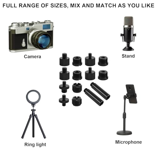 12pcs Microphone Stand Adapter Screws with Extension Tube, Alloy 5/8" Female to 3/8" Male & 5/8 Female to 1/4" Male Mic Stand Thread Mount Adapters for Mic Boom Arm Camera Tripod Recording