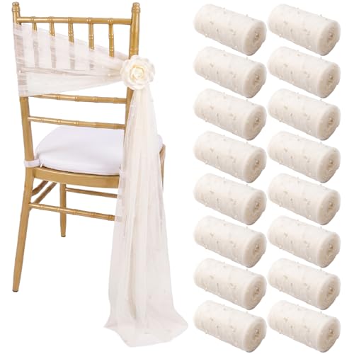 Moukeren 16 Packs Beige Pearls Chair Sashes 8ft Sheer Fabric Wedding Aisle Chair Decorations Fabric Sheer Church Seat Slipcovers Drapes with Ribbon Tape for Party Banquet Wedding Bridal Shower - color: Beige, style: Pearls