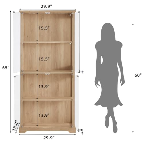 LELELINKY Farmhouse Glass Display Cabinet with Doors, Wooden Curio Cabinet for Collectibles with 3-Color LED Motion-Sensor Light & Reinforced Base, Natural - color: Natural, size: Single