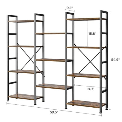 SUPERJARE Triple Bookshelf, Bookcase with 11 Open Display Shelves, Wide Book Shelf Book Case for Home & Office, 4 Tier, Brown - color: Rustic Brown, size: 4 Tier