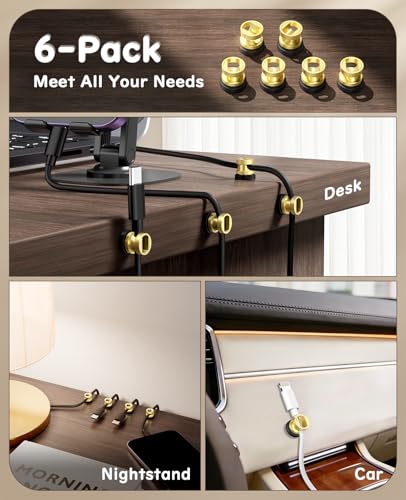 Maveek Magnetic Cord Clips 6 Pack, Wire Organizer Metal Cable Clips Adhesive Cable Management For USB Charging Cords, Desk Office Car Dash Cam Nightstand (Premium Gold Edition) - color: Gold, size: 6Pcs