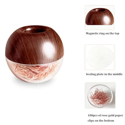Walnut Wood Paper Clip Holder , Wooden Magnetic Paper Clip Dispenser with Rose Gold PaperClips 100pcs 28mm(1.1") Cute Office Supplies for Desk Organizer - color: Walnut