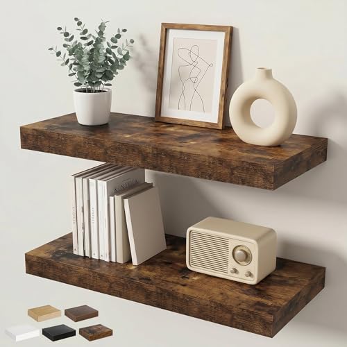 Floating Shelves for Wall 24 in x 9.3 in Deep, Wall Mounted Rustic Wood Shelf with Invisible Brackets for Storage & Display, Living Room Bedroom Bathroom, Brown, 2 Pack - color: Rustic Brown, size: 24 Inch, 2 pack