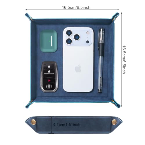 Valet Tray Desktop Storage Organizer – Premium PU Leather Catchall Bedside Vanity Tray Nightstand Caddy Holder for Remote Controller, Keys, Phone, Wallet, Coin, Jewelry,Blue - color: Blue