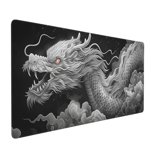 Extended Gaming Mouse Pad with Dragon Design, 35.4 x 15.7 Inches, Non-Slip Rubber Base, Stitched Edges, Rectangular Desk Mat - color: Dragon