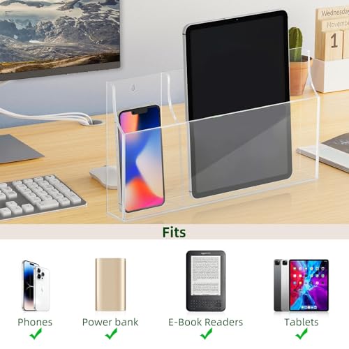 VANCORE Clear Wall Mounted Phone Holder Acrylic Remote Control Holder Media Organizer Caddy with Holes for Charging Phone Tablet Holder (Two Compartments)